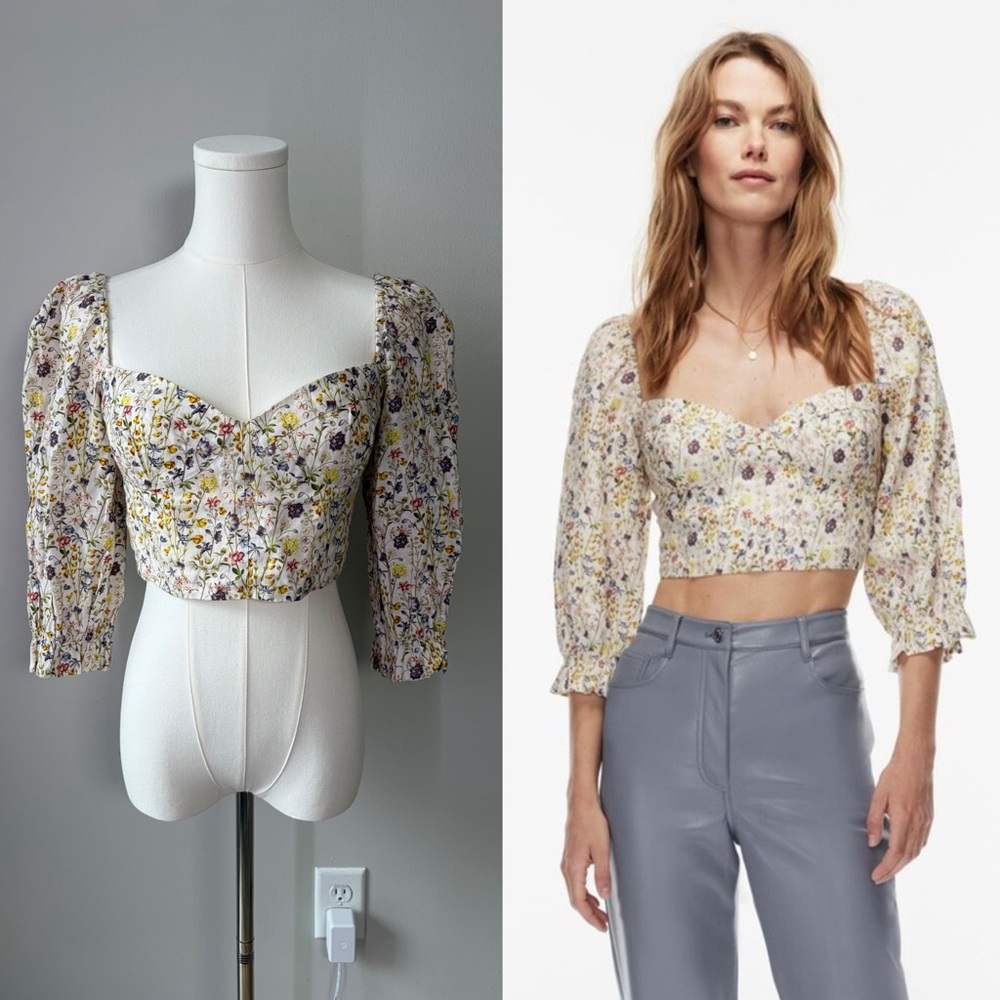 Wilfred Aritzia Vilette Organic Linen Floral Puff Sleeve Blouse Romantic Flirty